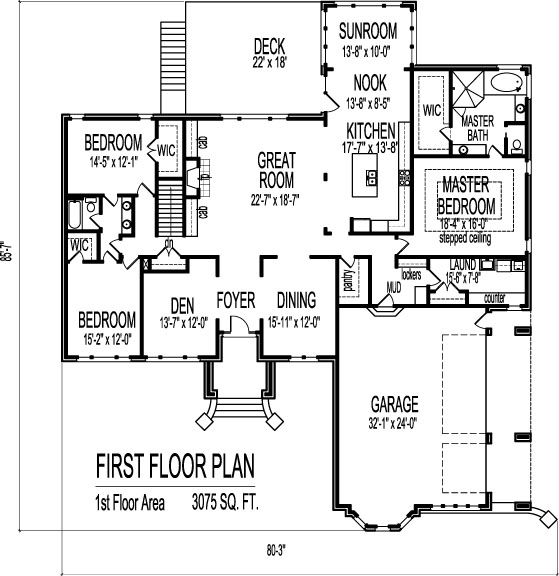 Gothic 1 Storey 3 Bedroom 3000 SF House Plans 2 Bath Basement Garage New York Evansville Indiana Ft Wayne Boston 1st floor Contemporary Three Bedroom Two Bath House Plans & Basement Carmel Indiana