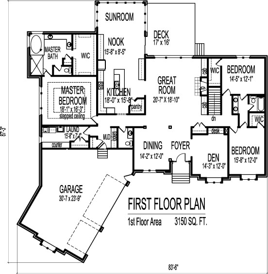 3 Car Angled Garage House Floor Plans 3 Bedroom Single Story