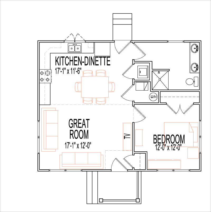 Rustic Craftsman Open House Floor Plans 1 Story 1 Bedroom 720 Sq Ft Chicago Peoria Springfield Illinois IL Rockford Champaign Bloomington Illinois Aurora Joliet Naperville Illinois Elgin Decatur Waukegan