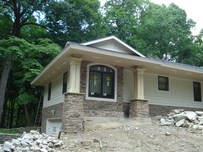 Revised Garage End with Piers Stone and Shingle Siding